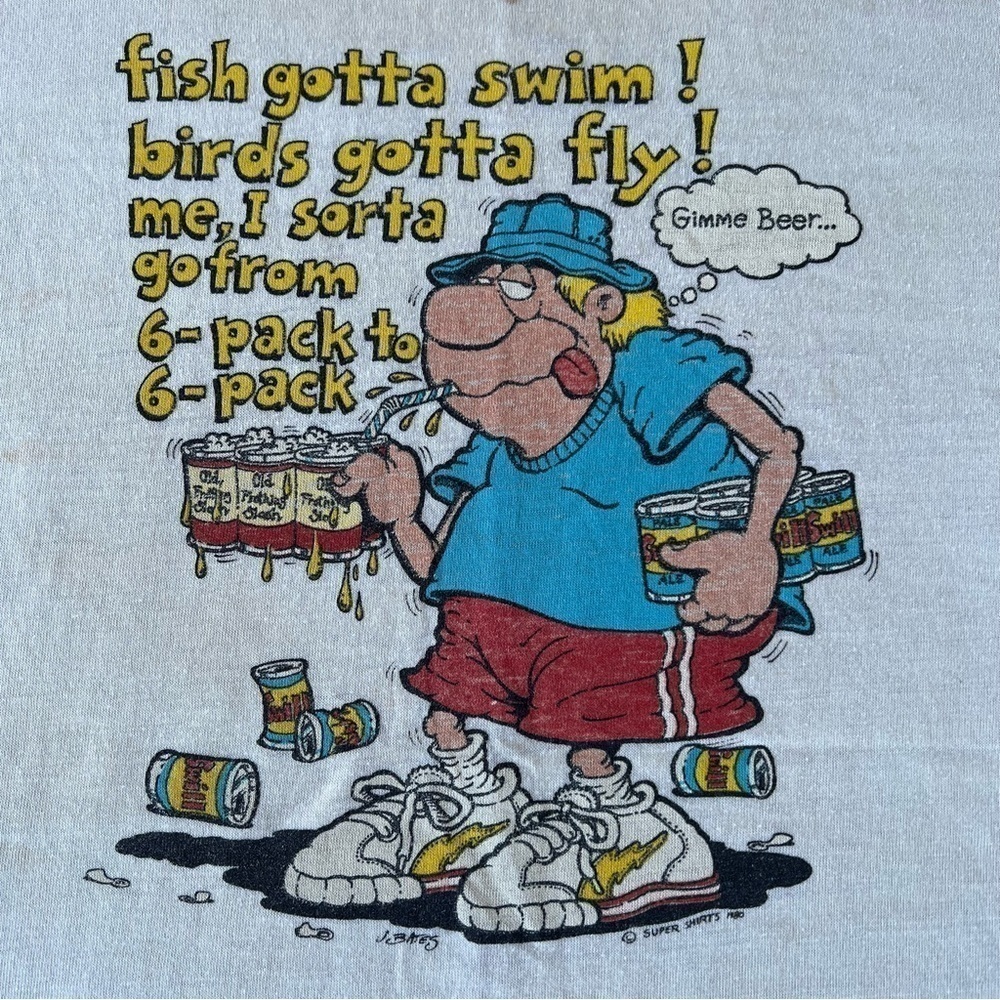 VTG J. Bates Super Shirts Gimme Beer Novelty Tee Single Stitch Cartoon Art USA